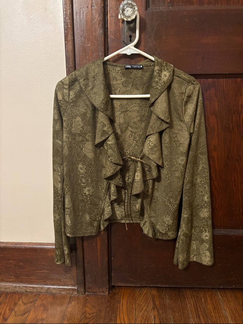 Zara Olive Floral Ruffle Tie-Front Blouse